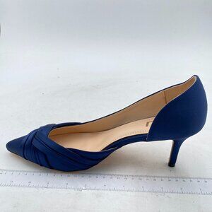 FSJ Navy Mid Heels Pointed Toe Slip on Pumps D'Orsay Pleated Satin Evening Shoes